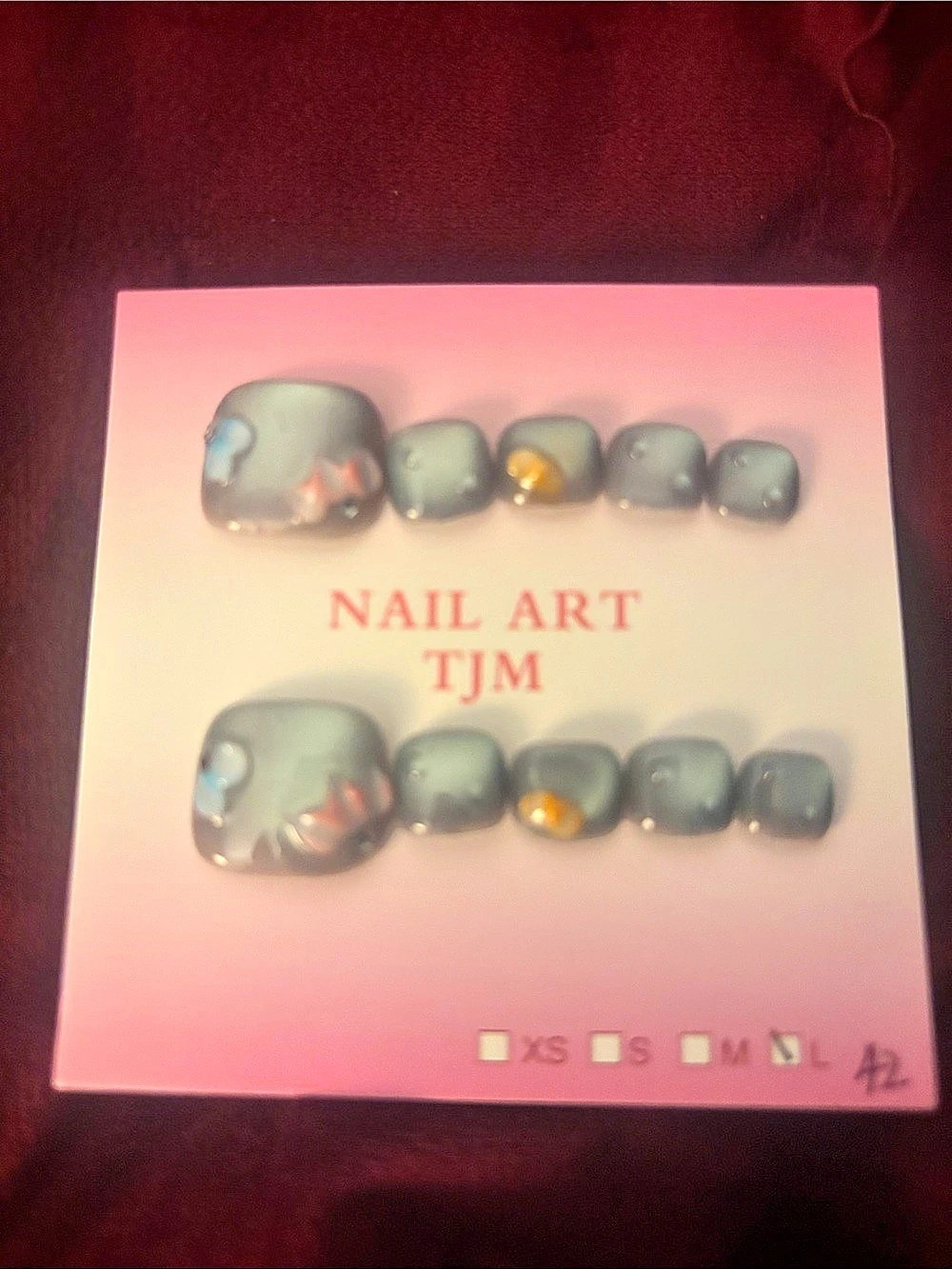 Nail Art TJM Handmade Press-On Toenails Set Gray & Pink Medium